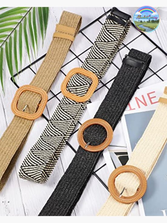 4 Pcs Elastic Raffia Woven Belt, Boho Rattan Buckle Stretch Straw Wide Waist main image 7